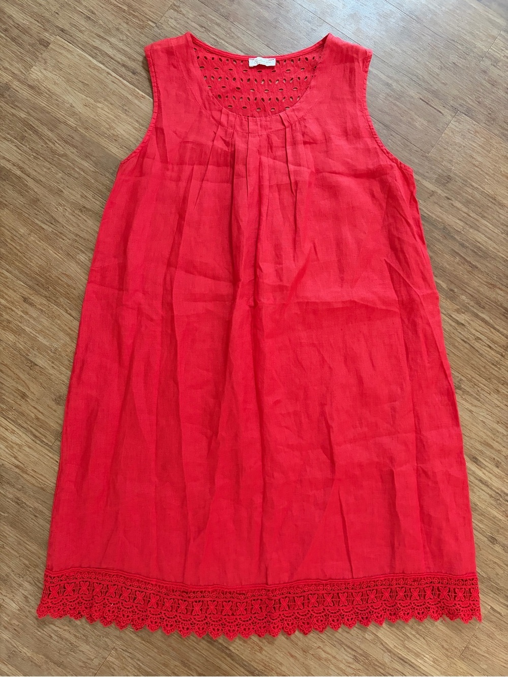 Bellambra Italy Red 100% Linen Eyelet Lace Trim Sleeveless Dress - Fits L/XL